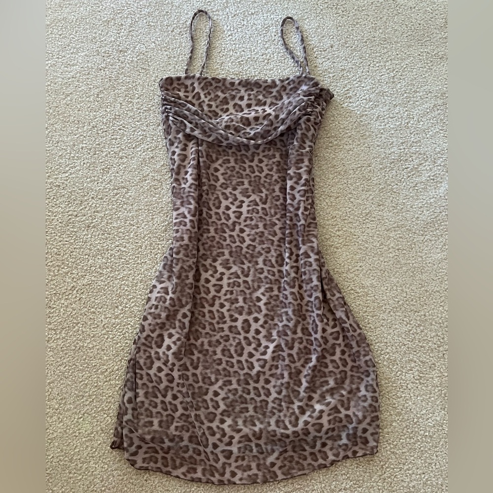 See You Monday Leopard Print Cowl Neck Mini Dress Double Lined